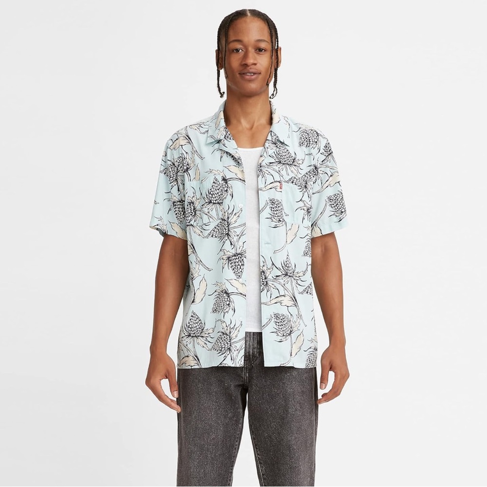 Levis Mens Hawaiian Shirt Large  Floral Pocket Cotton Aloha Beach L